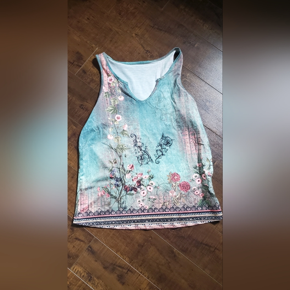 SHEIN Floral Tank Top - Light Green and Pink Size M